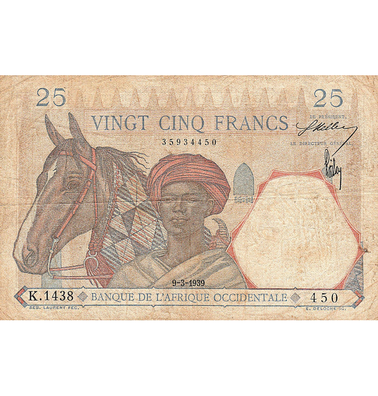 África 25 Francos 1939 Pick 22 (NO UNC)